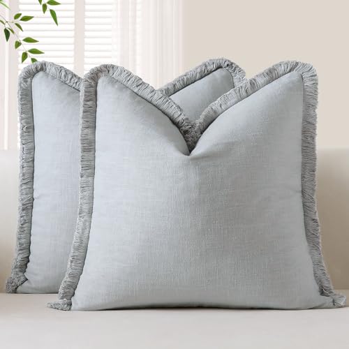 OTOSTAR Set of 2 Linen Fringe Decorative Throw Pillow Covers 24x24 Inch Soft Accent Cushion Covers with Tassels Boho Farmhouse Home Decor Pillowcases for Sofa Couch Patio Bed Living Room, Grey