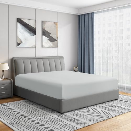 Cathay Home Luxury Wrinkle and Fade Resistant Double Brushed Ultra Soft Microfiber 14-Inch Standard Pocket Single Fitted Sheet, Light Gray, Full
