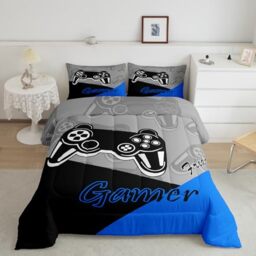 Feelyou Gaming Comforter for Boys Teen Video Game Bedding Set for Kids Gamer Comforter for All Season Gamepad Home Decor for Comforter Set Toddler Size,1 Comforter with 1 Pillowcase Blue Black Grey