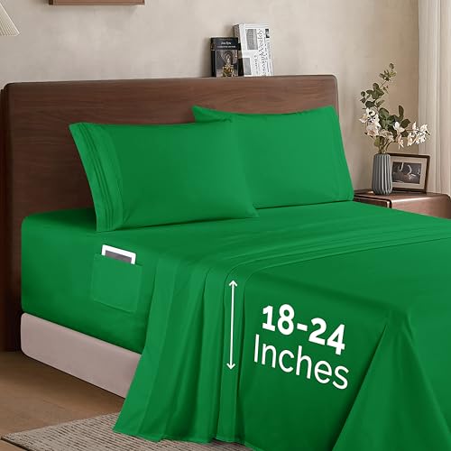 Elegant Comfort Luxury 1500 Premium Hotel Quality Microfiber 4-Piece Sheet Set - Soft, All Around Elastic 18-24 Inches Deep Fitted Sheet - Extra Deep Pocket Sheets, Queen, Emerald Green