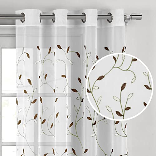 Creative Home Ideas Window Elements Wavy Leaves Embroidered Sheer Extra Wide 54 x 84 in. Grommet Curtain Panel, Sage