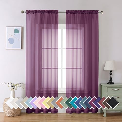 "Aiyufeng Plum Purple Sheer Curtains 84 inches Long Solid Voile Double Rod Pocket Elegant Breathable Window Drapes for Nursery Bedroom Living Room 40"" x 2 Panels"