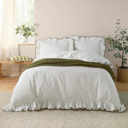 furn. Wylder Blousey Cotton Ruffle Duvet Cover Set – Ruffled Trim Luxury Bedding (Olive – Double)
