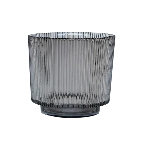 Ivyline Round Candle Holder in Charcoal Glass with Ribbed Design - Elegant Table Centrepiece - Modern Home Decoration - H14 x W15 cm