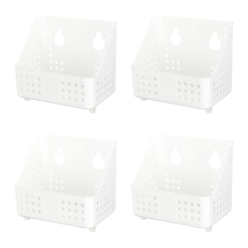 Cetomo Plastic Hanging Baskets with Hole, Wall Mounted Storage Boxes, Hangable Shelf Basket Organizer with Hooks, for Bathroom Shower Home Kitchen, White, 4 Pack (19.7 x 13 x 17 cm)