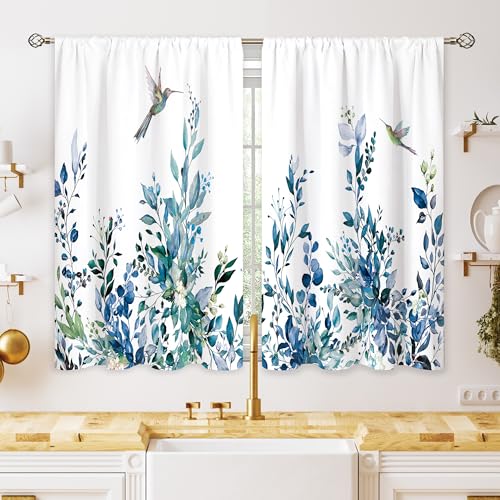 oolygoo Blue Eucalyptus Botanical Leaves Floral Small Kitchen Curtains Flower Window Treatment Wildflower Plant Bird Cafe Short Window Curtains for Bathroom Room Tier Treatment Drape 26x36 inch