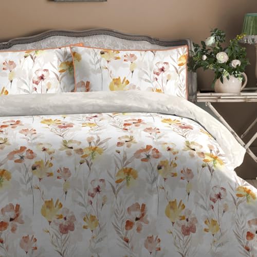 Appletree - Gold Ochre Floral Duvet Cover - Double Bedding Size (200 x 200cm) - 100% Natural Cotton - Reversible Designs - 2 Pillowcases - Piped Edge - Natural Bedding with Flowers