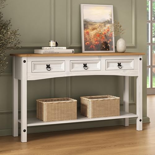 Corona Console Table 3 Drawer White Hallway Solid Pine Wood with Whitewash Finish