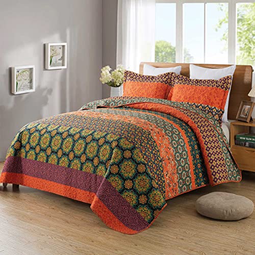 Travan Boho Stripe Quilt Sets Floral Printed Reversible Soft Bohemian Bedding Set with Shams for All Season, Orange Red Stripe, Queen Size