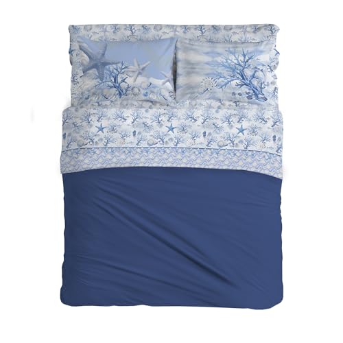 PENSIERI DELICATI Double Bed Set 100% Cotton, Double Bed Sheet Set, 180 x 200 cm, Including Bottom Sheet, Top and 2 Pillowcases, Made in Italy, Navy Blue Pattern