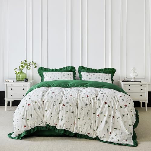 SUSYBAO Hunter Green Ruffle Duvet Cover Queen 100% Cotton 3 Pcs Set - Include 1 Red Floral Duvet Cover with Zipper Ties, 2 Pillow Shams, Emerald Green Ruffle, White Dandelion Flower Bedding Set