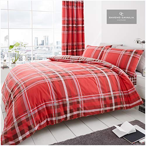 Gaveno Cavailia Luxury NEWTON TARTAN CHECK Bed Set with Duvet Cover and Pillow Case, Polyester-Cotton, Red, Super-King