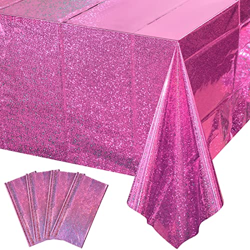 "4 Pack Iridescence Plastic Tablecloths Shiny Disposable Laser Rectangle Table Covers Holographic Foil Tablecloth Iridescent Party Decoration Birthday Bridal Wedding Christmas 54"" x 108"" (Pink)"
