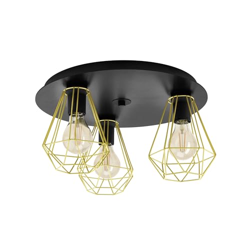 Eglo Flush Ceiling Light Tarbes 2, 3 lamp Lighting Made of Black Metal and Brass, Living Room and Hallway lamp with E27 Socket, Ø 18 inches
