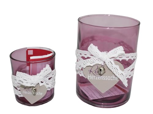 Set of 2 Round Glass Candle Holders with Purple Wooden Heart 10x10x15cm