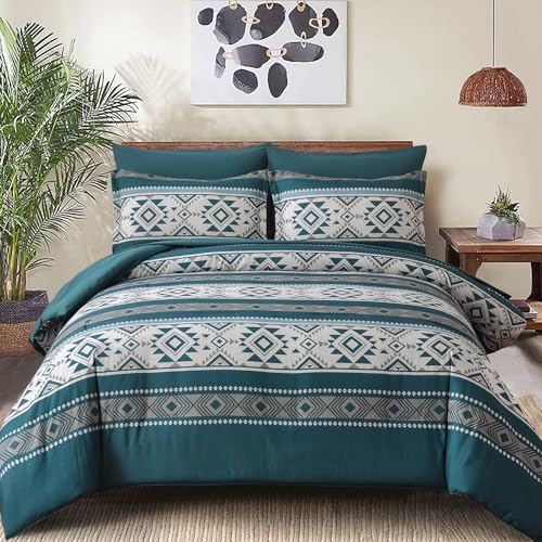 Anibedding Teal Comforter Set Queen 7 Pieces Boho Western Bedding Set for All Season, Aztec Bed in a Bag Queen Soft Microfiber Comforter Set with Sheets, Pillowcases & Shams