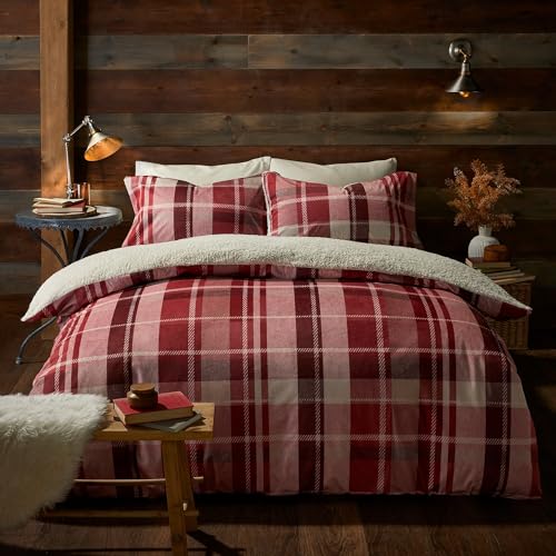 Fusion Strata Red Check Fleece Duvet Cover – Double Size (200 x 200cm) – Reversible Tartan Design – Burgundy Flannelette Bedding – Teddy Bear & White Fleece Quilt Cover