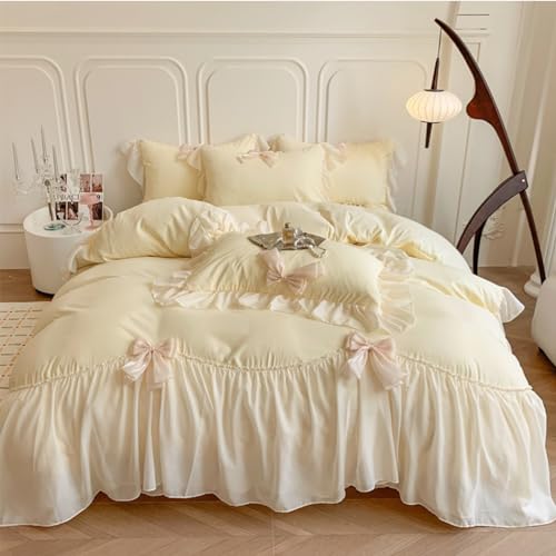 SOUKECHY Ruffled Bedding Bow Duvet Cover Set with Butterfly Tie, Full Comforter Cover Set, Shabby Chic Bedding Set,Romantic French Princess Style -Yellow,Full