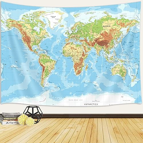 JAWO World Map Tapestry Wall Hanging for Kids Student, World Map with Countries and Major Cities Tapestries Educational Tapestry for Bedroom Living Room Dorm Home, 80.00'' x 60.00''