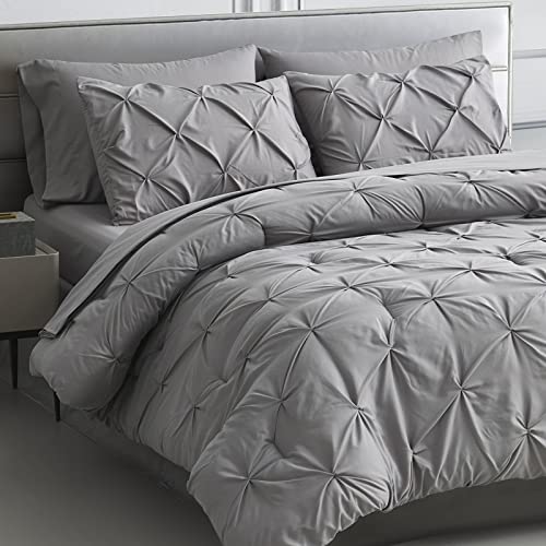 Maple&Stone King Comforter Set Gray Pinch Pleat 8 Pieces Bed in A Bag for All Season Pintuck Comforter Set Gray King Size with Comforters, Sheets, Pillowcases & Shams
