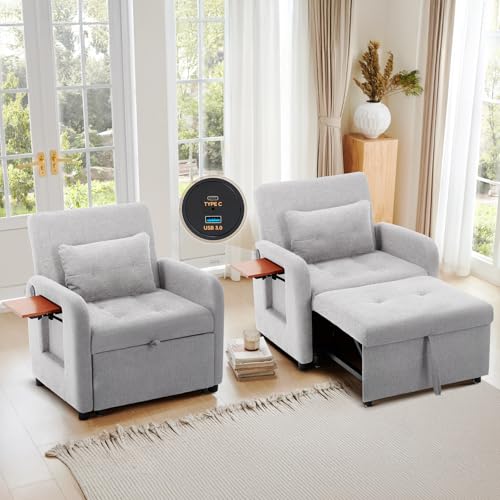 COLAMY Compact Recliner Armchair with USB Port & Side Table, Space Saving Sleeper Chair with Pull-Out Footrest, Adjustable Lounge Sofa Bed Chair for Small Living Room Bedroom Flat,Light Grey