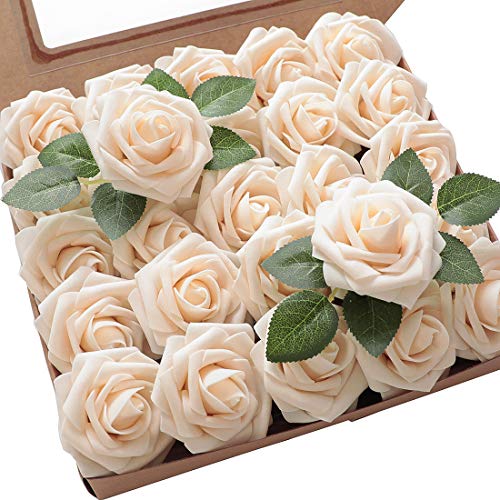 Floroom, Artificial Flowers, 25 Pieces, Realistic Looking, Cream Foam Roses with Stems, Wedding Bouquets, Bridal Party Table Decorations, Arrangements, Party Tables, Home Decoration