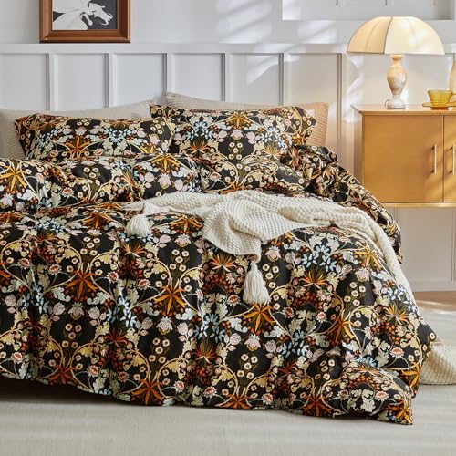 mixinni Duvet Cover Full Size, Cotton Percale Farmhouse Bedding Sets Soft Aesthetic Flowers Plants Comforter Cover for All Season, 3 Pieces Cute Floral Bedding Comforter Set for Women-Full Size