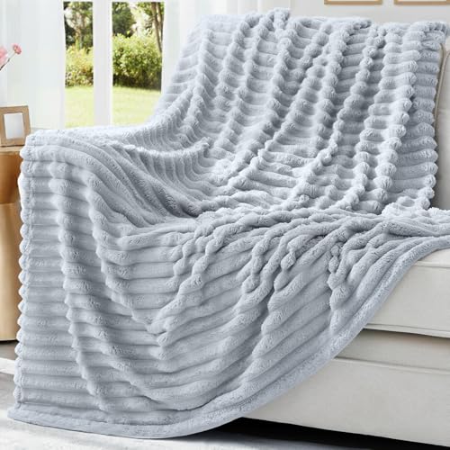 decorUhome Light Grey Fleece Throw Blanket 50x60 Inches - Soft Couch Cozy Fluffy Plush Flannel Striped Blanket for Sofa Bed, Lightweight Decorative Ribbed Fuzzy Blanket for Woman
