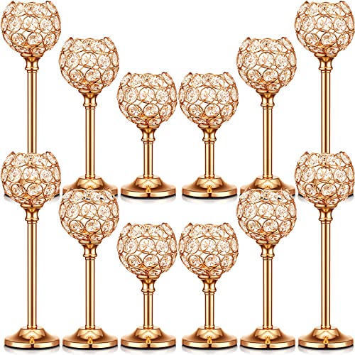 Mimorou 12 Pack Crystal Candle Holders Gold or Silver Candle Holders Bulk Decorative Tealight Candle Holder for Wedding, Party, Christmas Table Centerpieces Decoration (Gold)