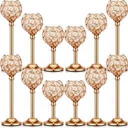 Mimorou 12 Pack Crystal Candle Holders Gold or Silver Candle Holders Bulk Decorative Tealight Candle Holder for Wedding, Party, Christmas Table Centerpieces Decoration (Gold)