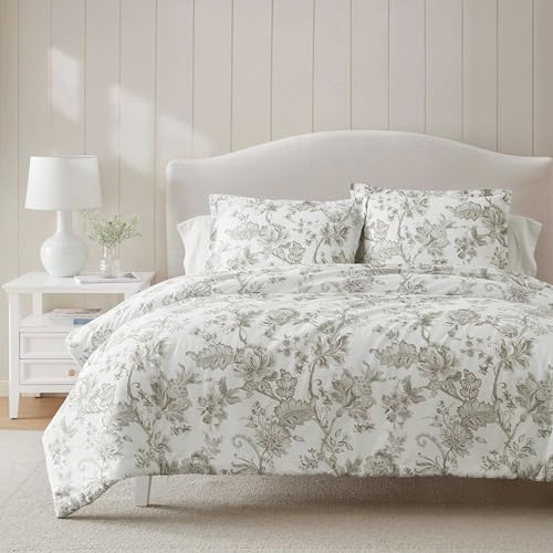 Martha Stewart - King Duvet Cover Set, Smooth Sateen Front with Subtle Sheen & Lightweight Cotton Percale Reverse, 3 Piece Bed Set with Matching Pillowcases (Avery Floral Grey)