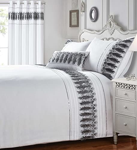 Rapport Home Feathers Single Duvet Cover Set White/Silver Luxury Modern Bedding Bed Set