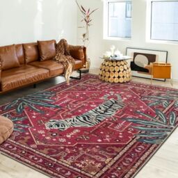 Aldopein Tribal Rugs Summer Tropical Rug 5x7 inch Wine Red Traditional Boho Rug Vintage Oriental Rug for Bedroom Kitchen Dining Living Room Entrance Area Rugs