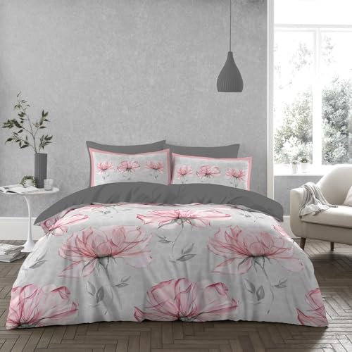 GC GAVENO CAVAILIA Floral Duvet Cover Double - 3 Piece Botanical Microfiber Grey Bedding Duvet Cover Sets With Pillow Cases - Soft Washable & Reversible Plain Quilt Cover Set - (200x200 Cm)