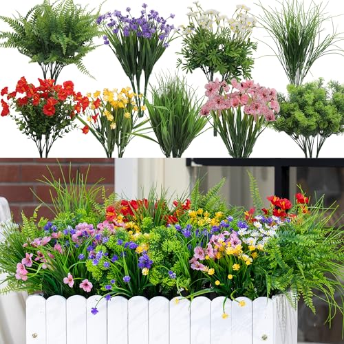 23PCS Artificial Plants Outdoor, Faux Flowers & Greenery Stems for Outside - UV Resistant Faux Outdoor plants, Artificial Flowers for Outdoors Garden Patio Porch, Window Box, Spring Summer Home Decor