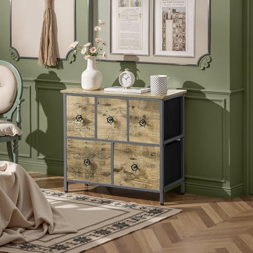 VECELO 5 Fabric Chest of Drawers, Hallway Storage Unit, Sturdy Metal Frame and Wood Top, for Bedroom, Living Room, Closet, Rustic Grey Oak