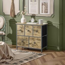 VECELO 5 Fabric Chest of Drawers, Hallway Storage Unit, Sturdy Metal Frame and Wood Top, for Bedroom, Living Room, Closet, Rustic Grey Oak