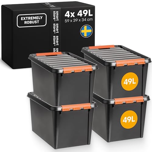 SmartStore Extra-Durable Plastic Storage Box with Lid 4x 49L, 59x39x34cm - Stackable tool boxes for garage, workshop & moving, heavy duty containers with clip lock, organiser for shelves