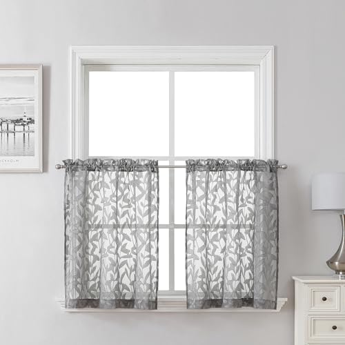 "Lecloud Leia Charcoal Grey Sheer Kitchen Curtains 24 Inch 2 Pcs, Jacquard Leaf Textured Voile Short Curtain Tiers with Rod Pocket, Soft Airy Bathroom Bedroom Curtains for Small Windows, 28"" W x 24"" L"