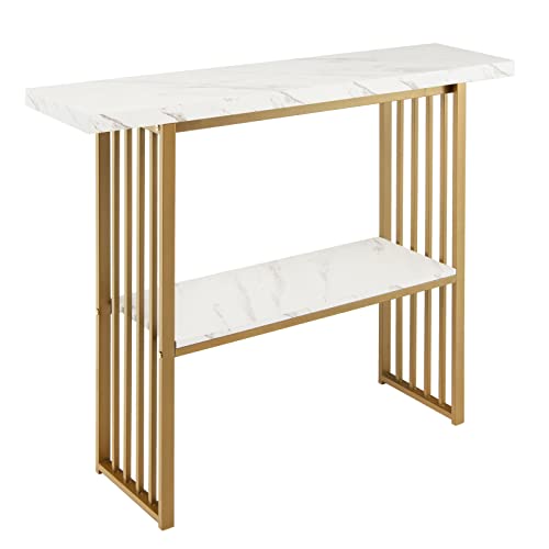 CASART Modern Console Table, Faux Marble Compact Accent Entryway Table, Steel Frame Foyer Tables for Hallway Living Room Office (White+Gold)