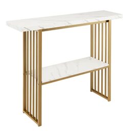 CASART Modern Console Table, Faux Marble Compact Accent Entryway Table, Steel Frame Foyer Tables for Hallway Living Room Office (White+Gold)