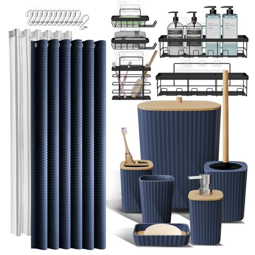 Shower Caddy and Bathroom Accessories Set, 25PC Bathroom Accessory Set with Shower Shelf Caddy for Bathroom Storage, Navy Shower Curtain Set, Toilet Brush, Trash Can, Soap Dispenser, Toothbrush holder