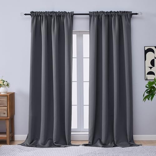 OVZME Charcoal Grey Blackout Curtains 96 Inch Length 2 Panels, Solid Thermal Insulated Room Darkening Soft Fabric Privacy Curtains for Sliding Door, Dual Rod Pocket Window Drapes, 2x50Wx96L Inches