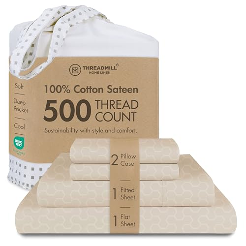 Threadmill 100% Cotton King Size Flat Sheet,Damask Satin All Seasons 500 Thread Count 4 Piece King Size Bedding Set,Snug Fit Elastic Deep Pockets King Size Flat Sheet,Beige