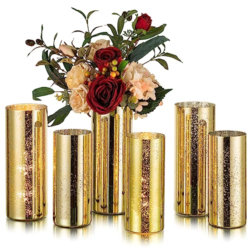 Glasseam Gold Cylinder Vases for Centerpieces: 6 Modern Mercury Hurricane Glass Vase Set for Flowers - Decorative Golden Pillar Candle Holders for Wedding Party Dining Room Table Decor