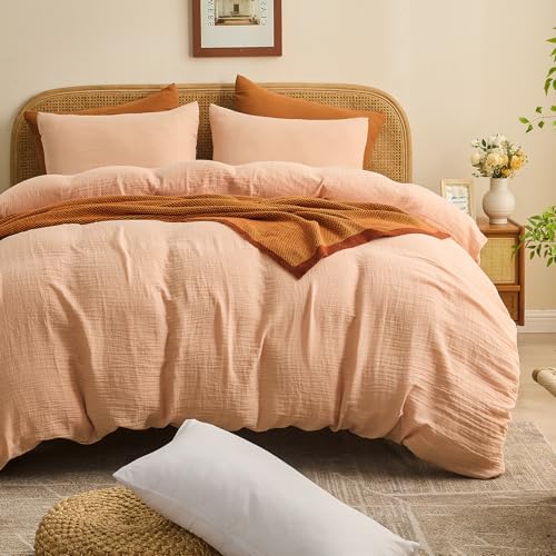 MEISHANG Muslin Duvet Cover Queen Size - 100% Organic Cotton, Soft Textured Gauze Weave Comforter Cover for Breathable All-Season with Zipper Closure - 3 Piece Set (Queen, Cameo Rose)