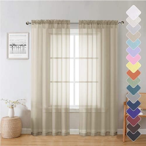 Lecloud Taupe Sheer Curtains 72 Inch Length 2 Panels, Light Filtering Soft Solid Voile Tan Sheer Curtain for Bedroom Living Room, Airy Gauzy Double Rod Pockets Window Drapes, Each 42Wx72L Inches
