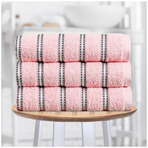 GC GAVENO CAVAILIA Stripe Bath Sheets Extra Large 3Pack - 600GSM Towels Bath Sheets Quick Dry & Water Absorbent Towels Set - Lightweight Hotel Quality Thick Cotton Towel Bath Sheet 90x150 Cm, Pink