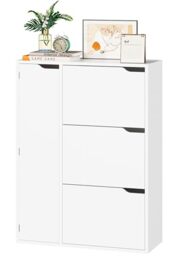 IRONCK Shoe Storage Cabinet Cupboard, 3 Flip Drawers, Shoe Rack Cabinet Hallway with Boot Cabinet, Free Standing Wooden Shoe Storage Organiser Unit, Entryway Living Room Furniture, 77x30x112cm (White)