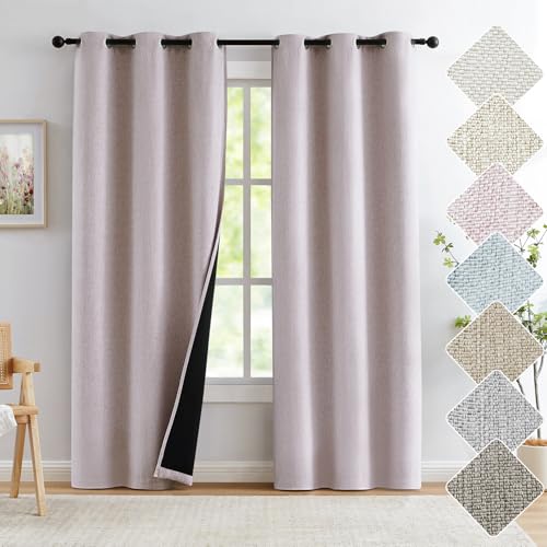 "Pink Solid Full Blackout Curtain for Girls Room Heavy Linen Texture Room Darkening Window Treatment Set for Bedroom Noise Reducing Drapes, Grommets Top Curtains for Living Room, Pink, 40"" x 84"", 2pcs"